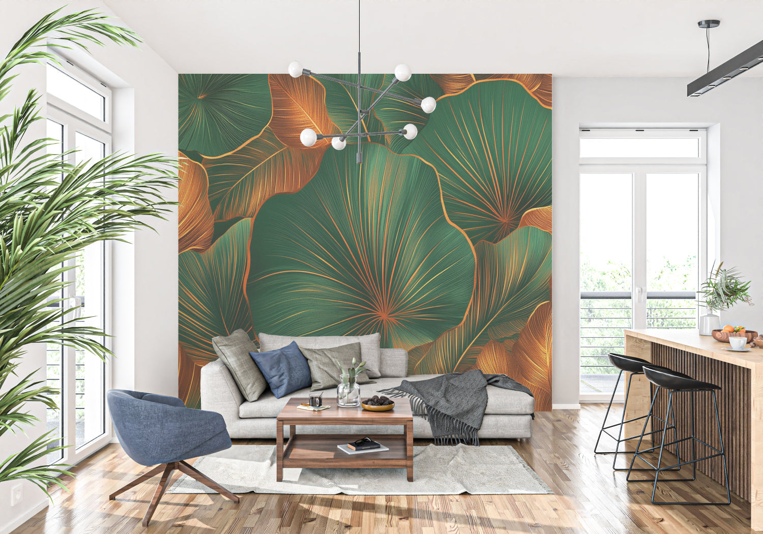 Green and gold botanical wallpaper showcased in home office space