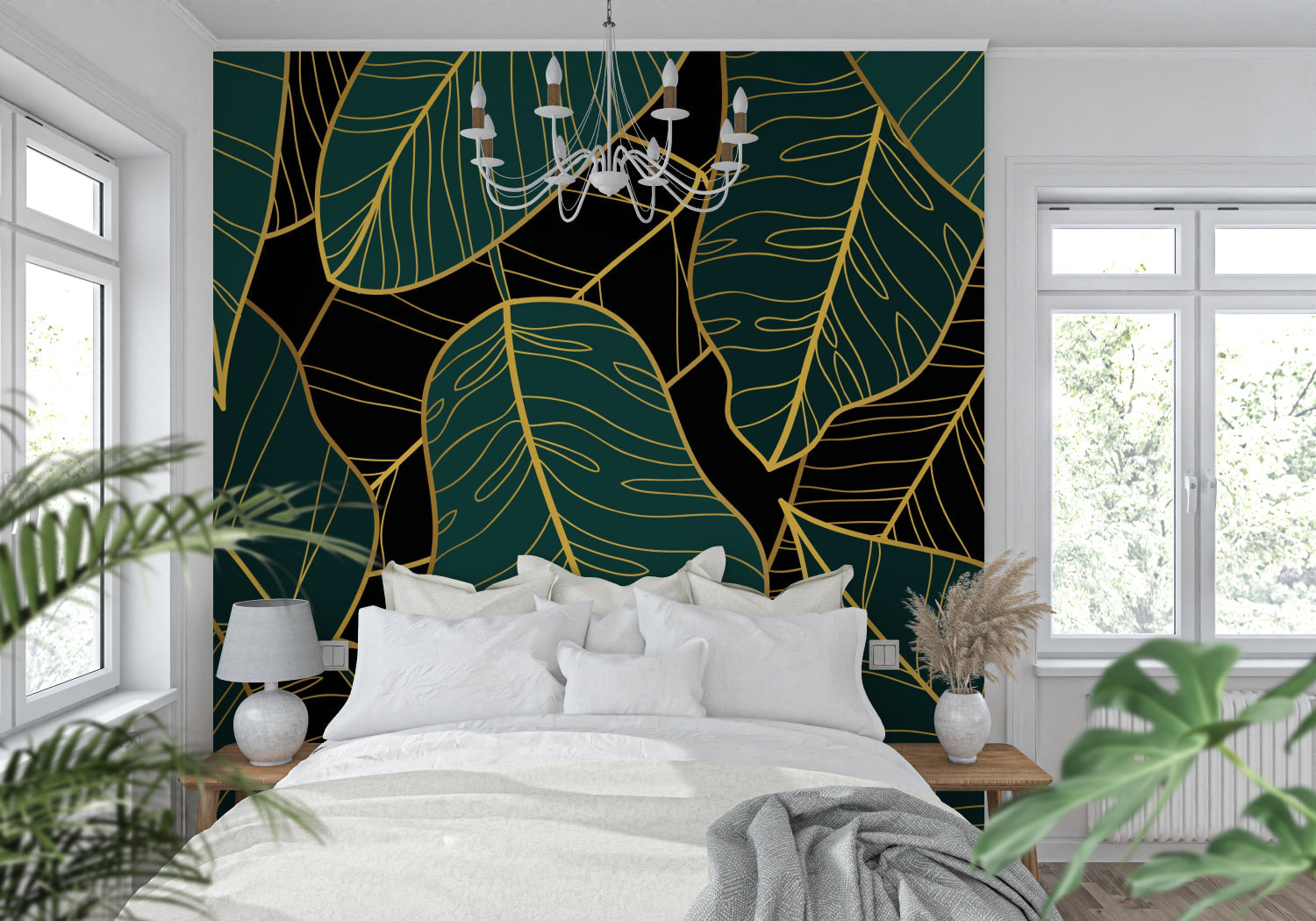 Master bedroom with elegant emerald and gold tropical wall mural creating luxury feel