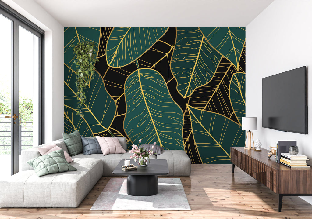 Home office featuring botanical wallpaper with gold palm leaves on emerald background