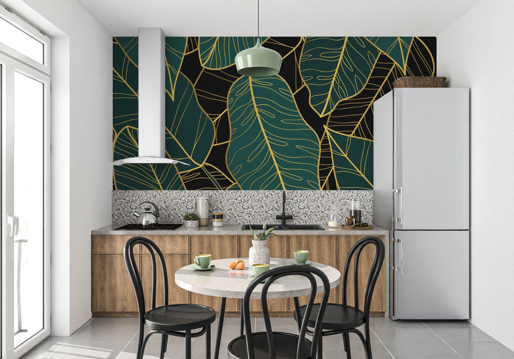 Dining room with tropical leaf pattern wallpaper showing scale and metallic details