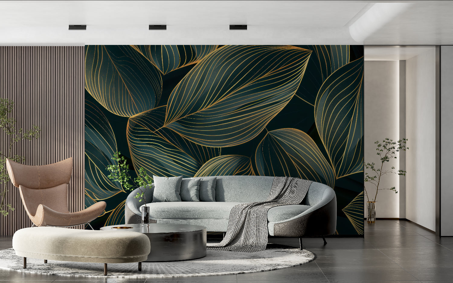 Emerald green and gold tropical wallpaper creating luxury feel in master bedroom