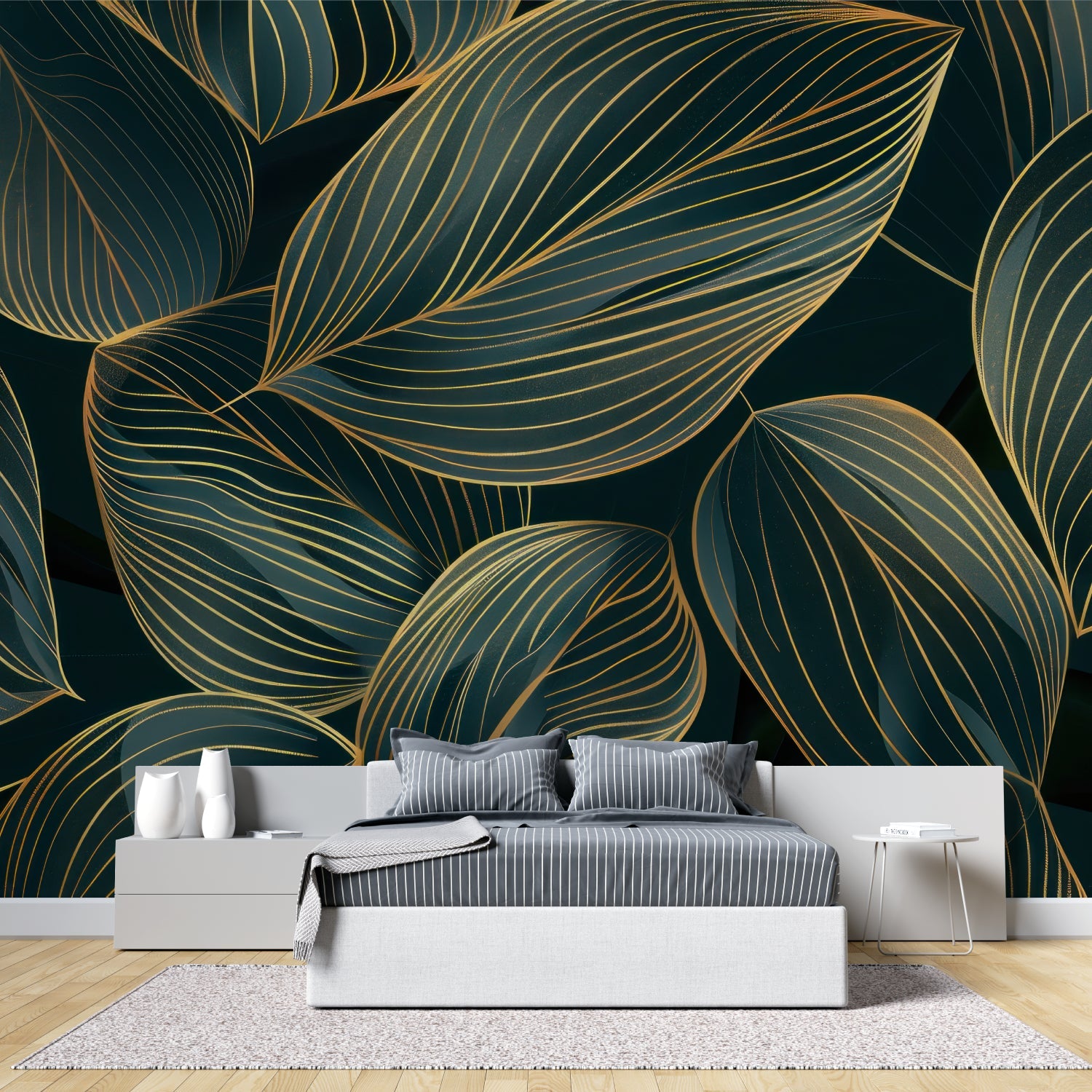 Botanical wall mural with gold accents making dining room feel fresh and open
