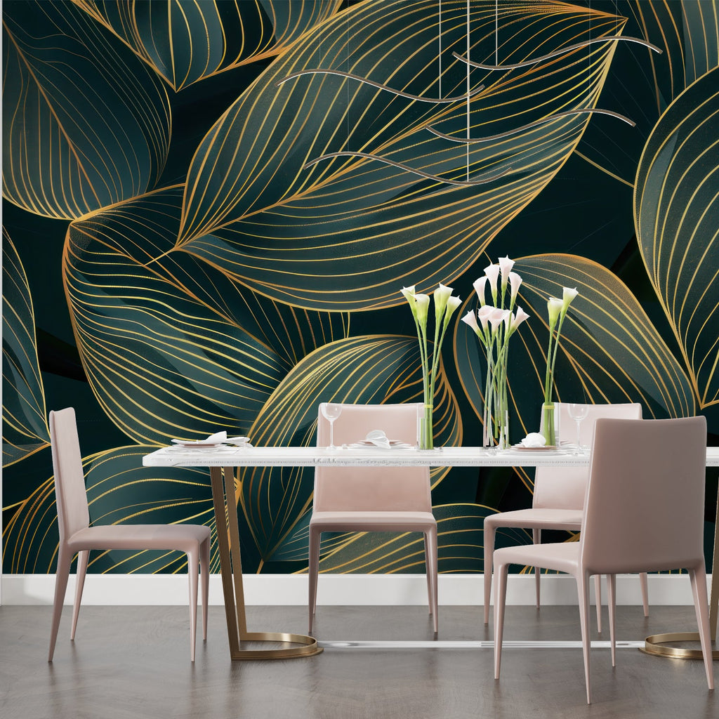 Green and gold leaf pattern wallpaper bringing nature into home office space