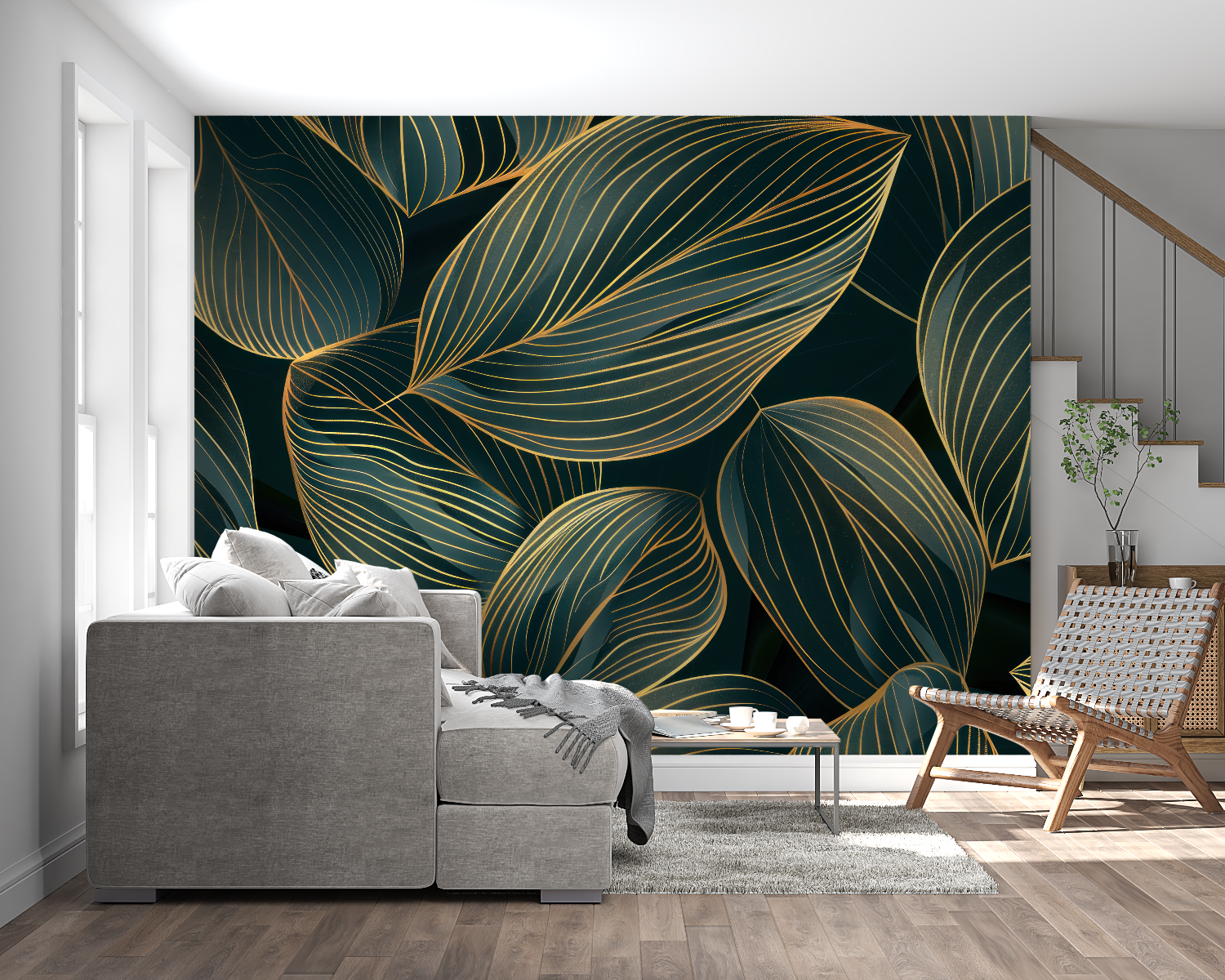 Tropical foliage mural adding warmth to contemporary hallway design