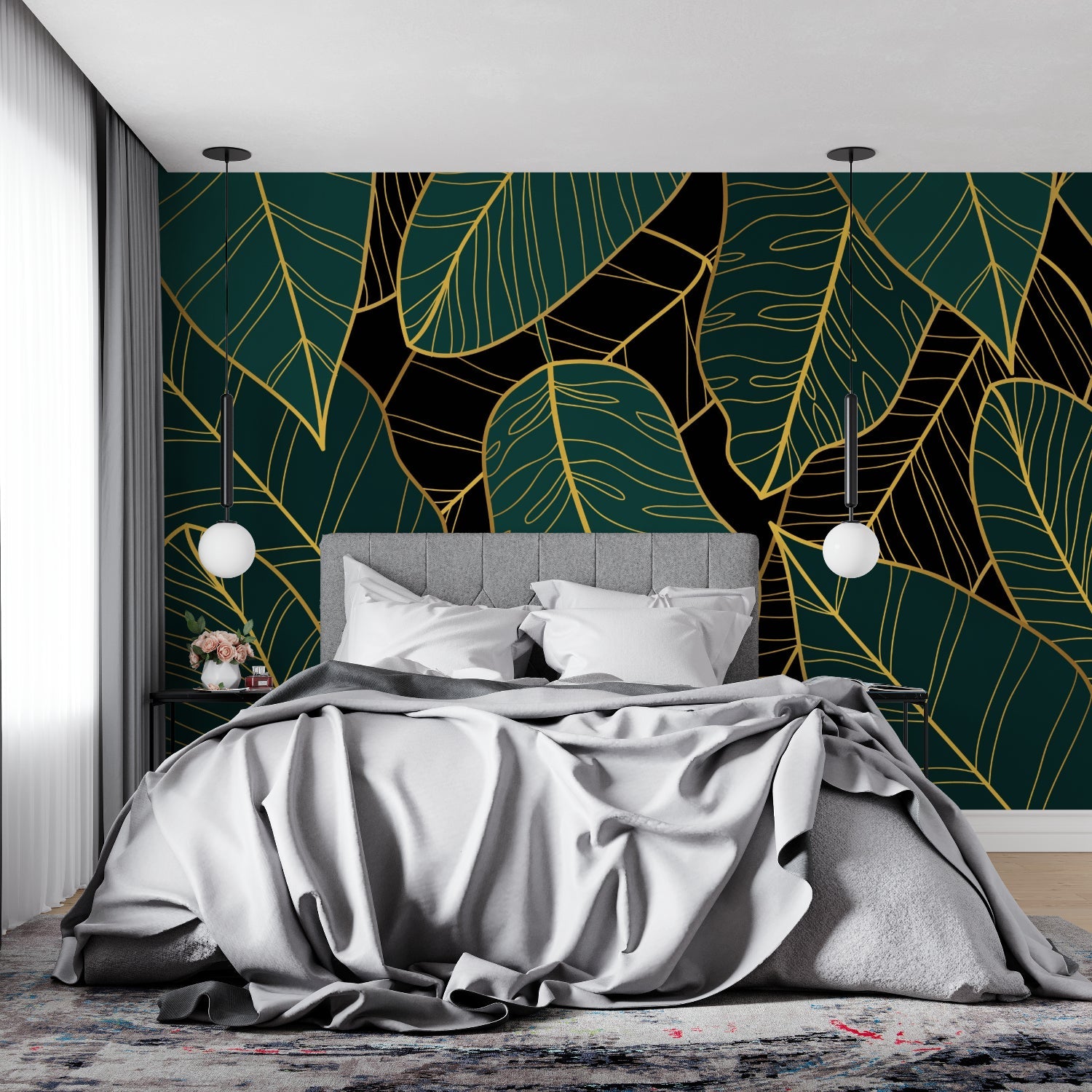 Tropical wall mural with gold details styled in modern bathroom