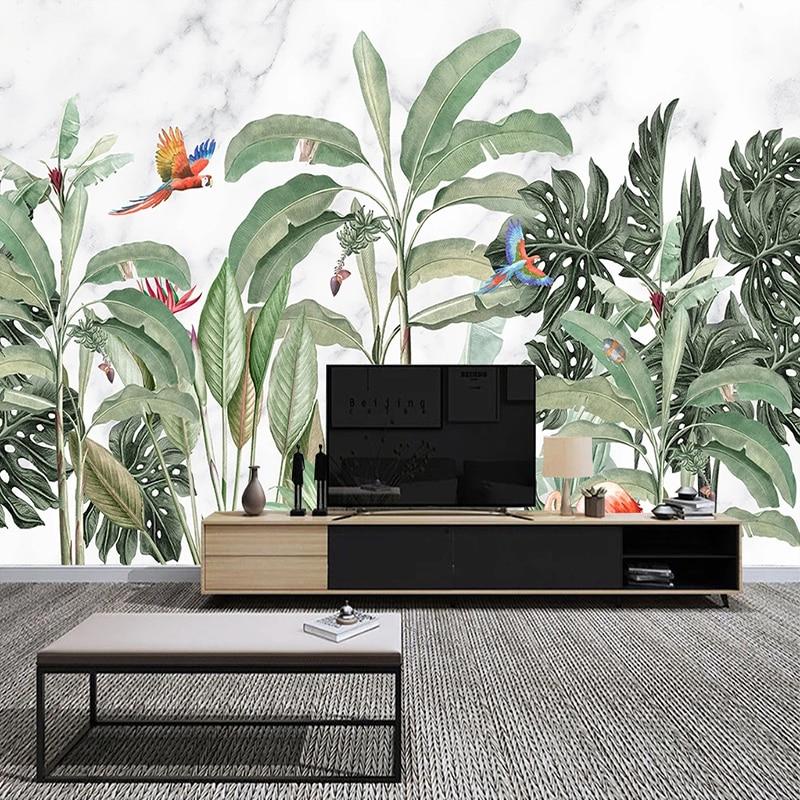 Exotic birds wallpaper with white backdrop in bright bedroom setting