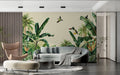 Tropical paradise wallpaper with exotic birds in modern living room, creating serene atmosphere