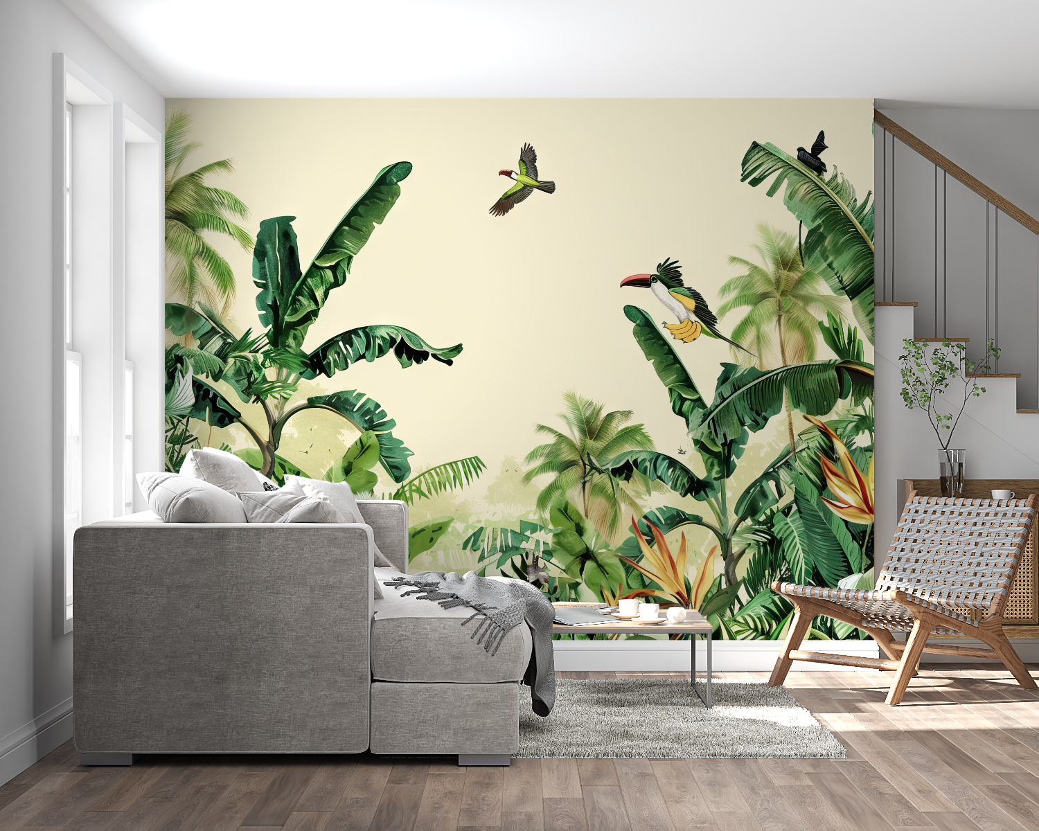 Paradise wallpaper with birds and leaves transforming entryway