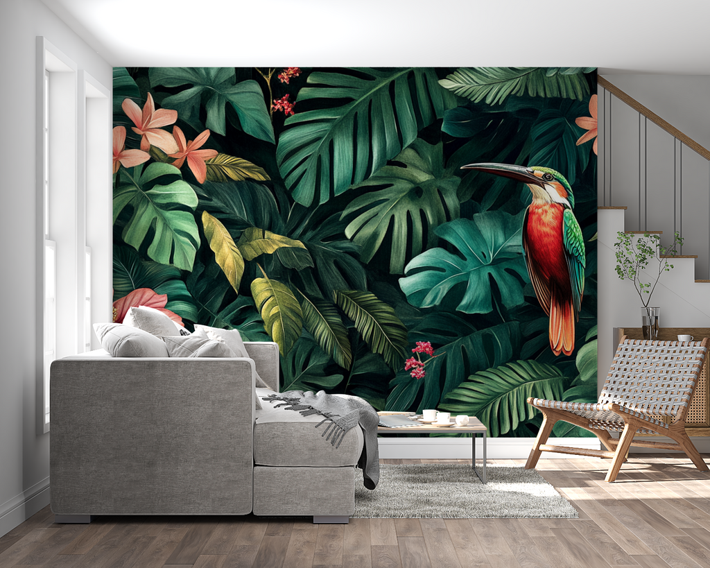 Exotic birds and monstera leaf wallpaper brightening a cozy bedroom space