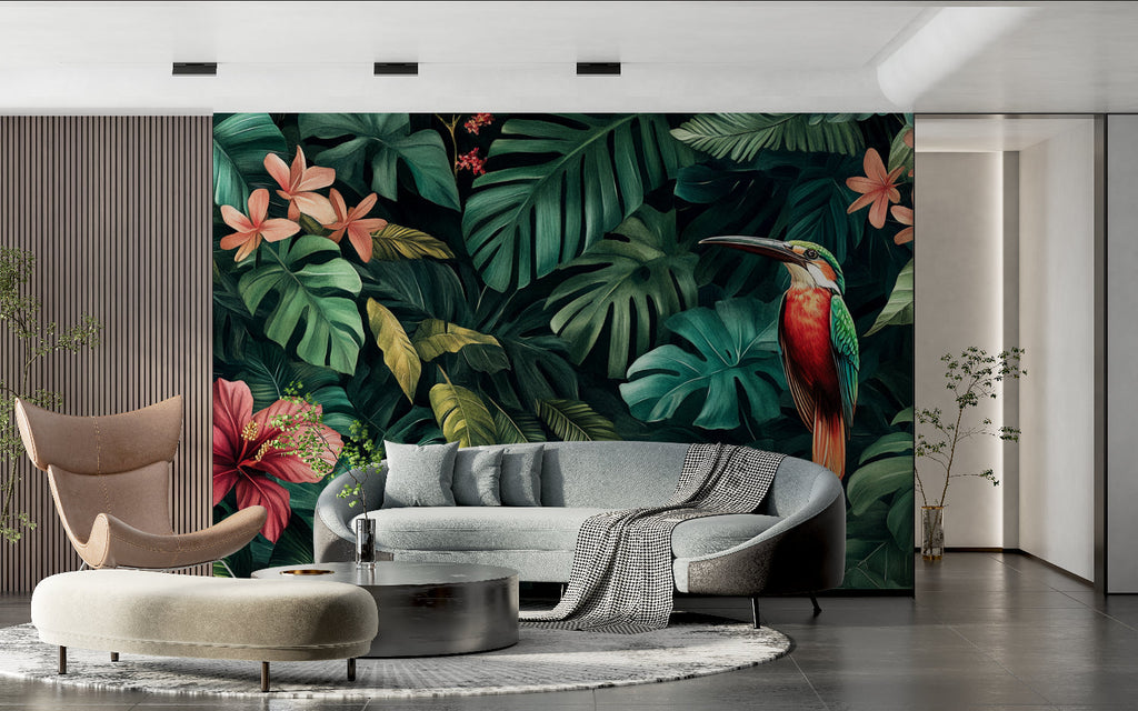 Jungle theme wallpaper creating resort feel in master bathroom