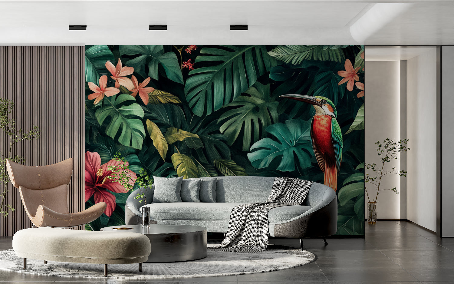 Jungle theme wallpaper creating resort feel in master bathroom