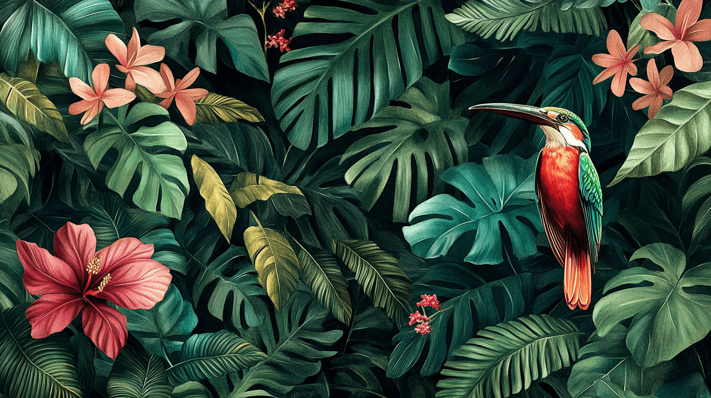 Tropical birds and monstera leaves design file showing intricate pattern details