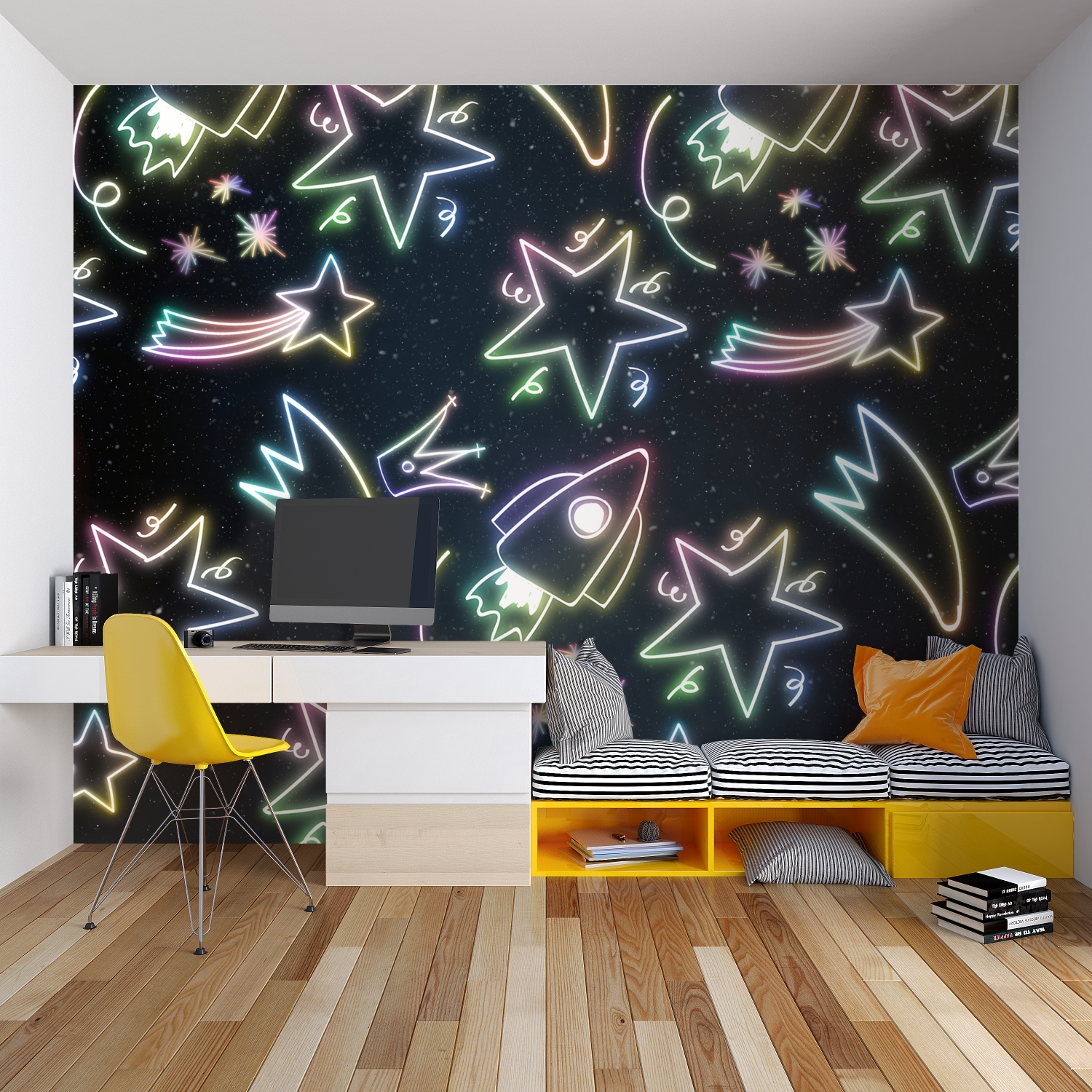 Flamingo paradise mural transforming a dining room with its dreamy nighttime scene