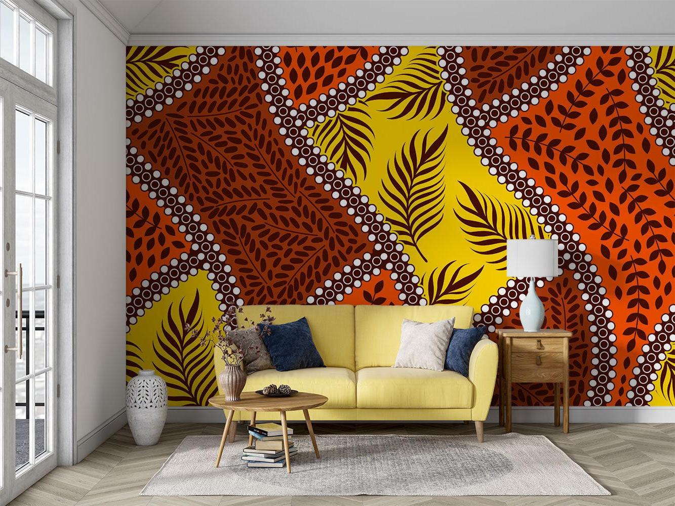 Geometric leaf pattern mural in a sunny dining room showing scale of design