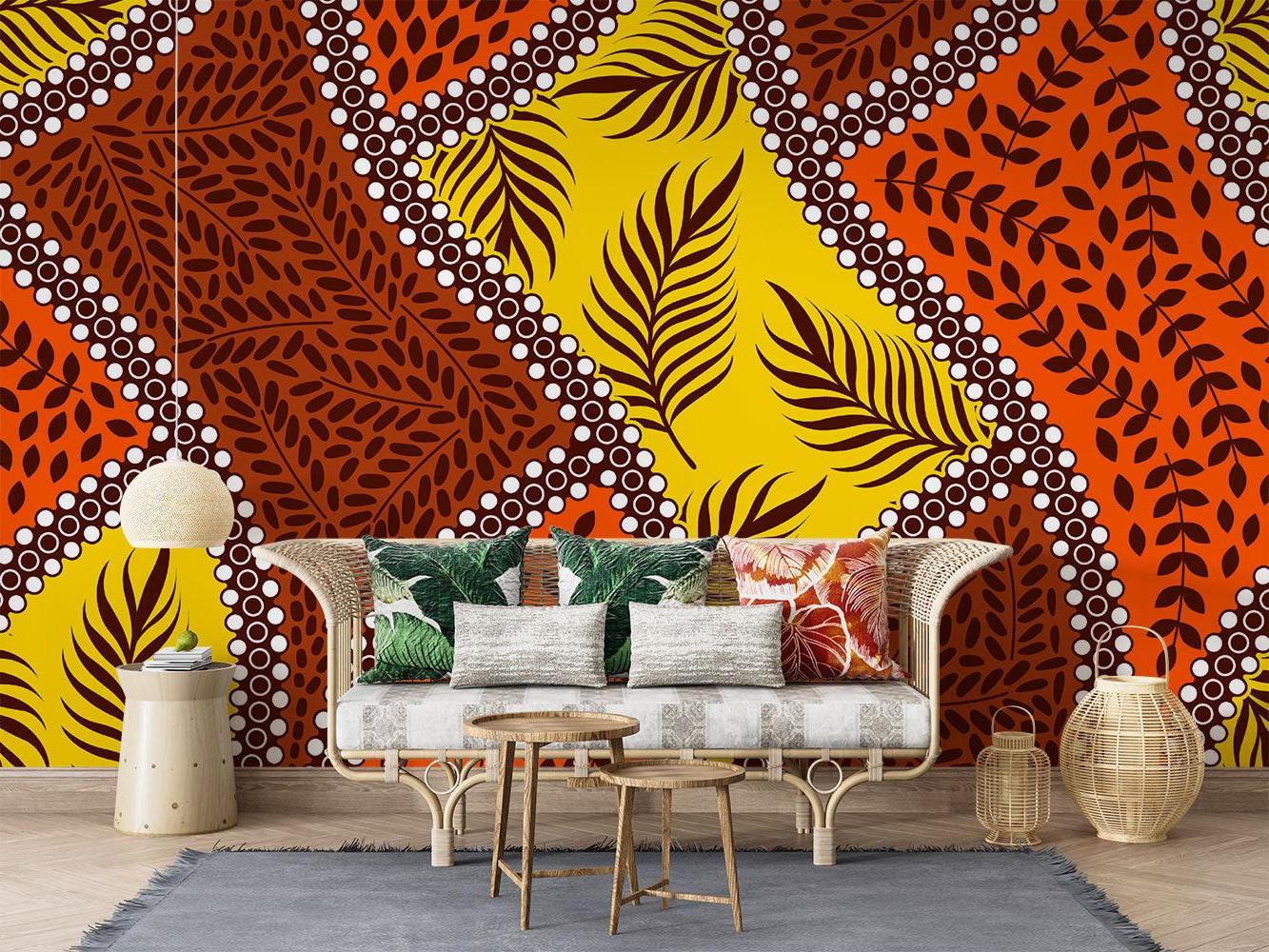 Modern office space with geometric tropical leaf wallpaper showing pattern detail