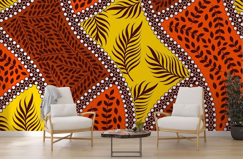 Home office featuring warm tropical geometric wallpaper in orange and yellow