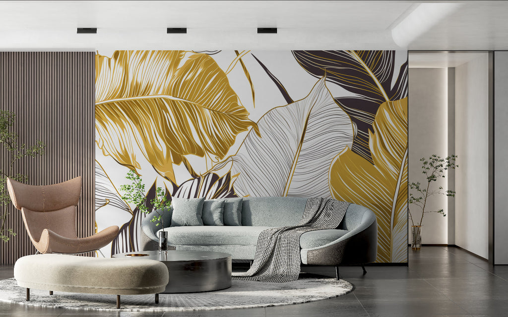 Gold botanical wall mural in luxury dining room with crystal chandelier