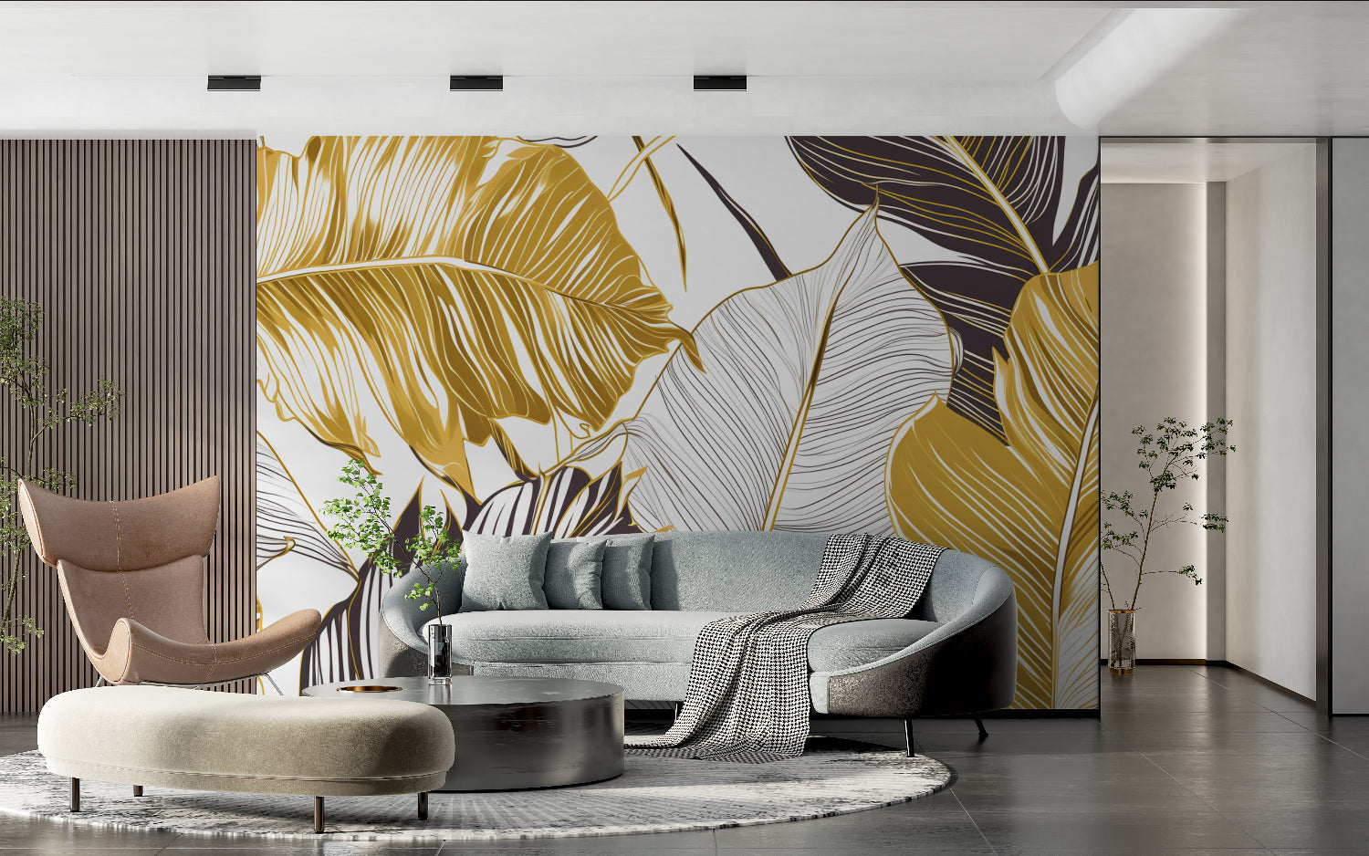Gold botanical wall mural in luxury dining room with crystal chandelier
