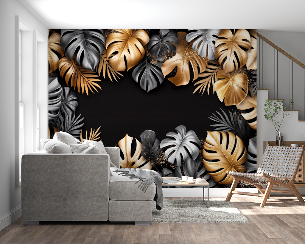 Tropical black and gold leaf mural in boutique hotel lobby