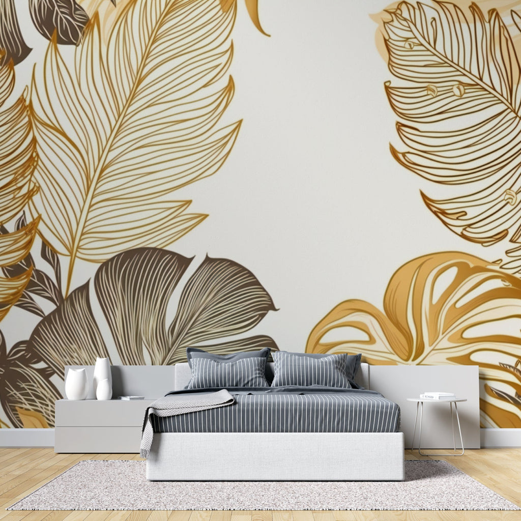 Gold Monstera leaf wallpaper in master bedroom, showing metallic details catching morning light