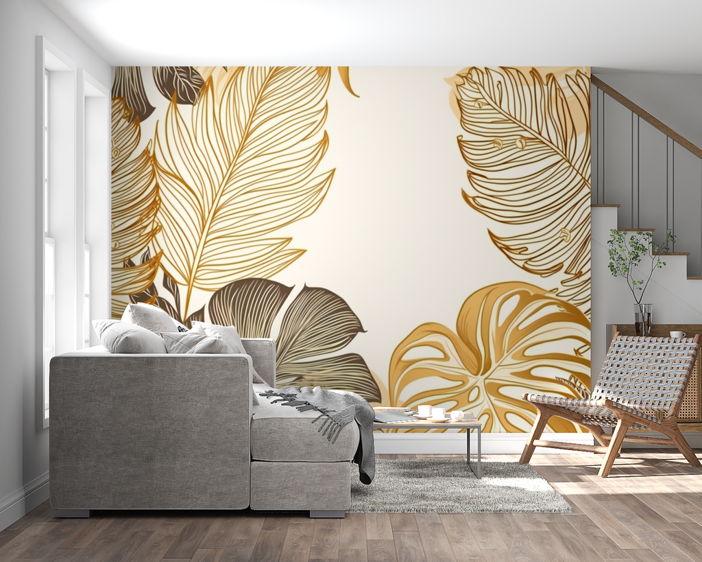 Brown and gold tropical wallpaper in home office showing scale of Monstera pattern