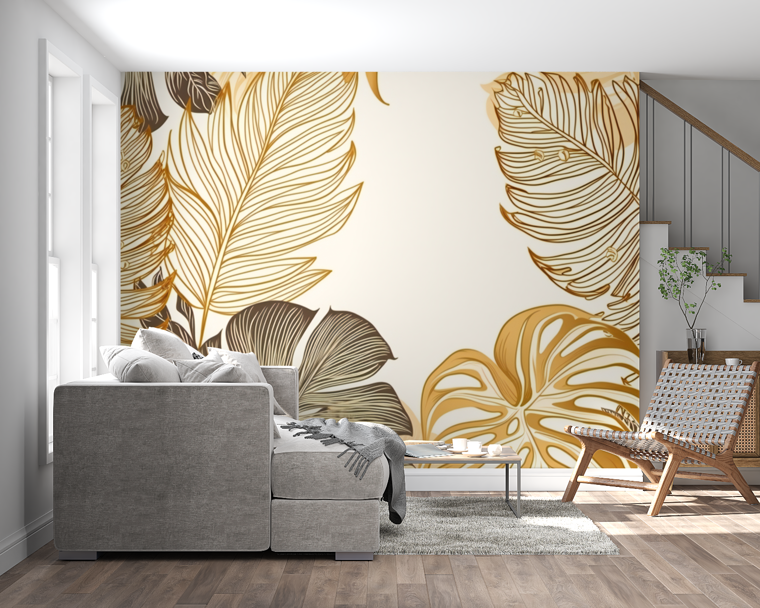 Brown and gold tropical wallpaper in home office showing scale of Monstera pattern