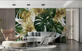 Tropical leaf wallpaper with gold and green monstera pattern in modern living room with natural light
