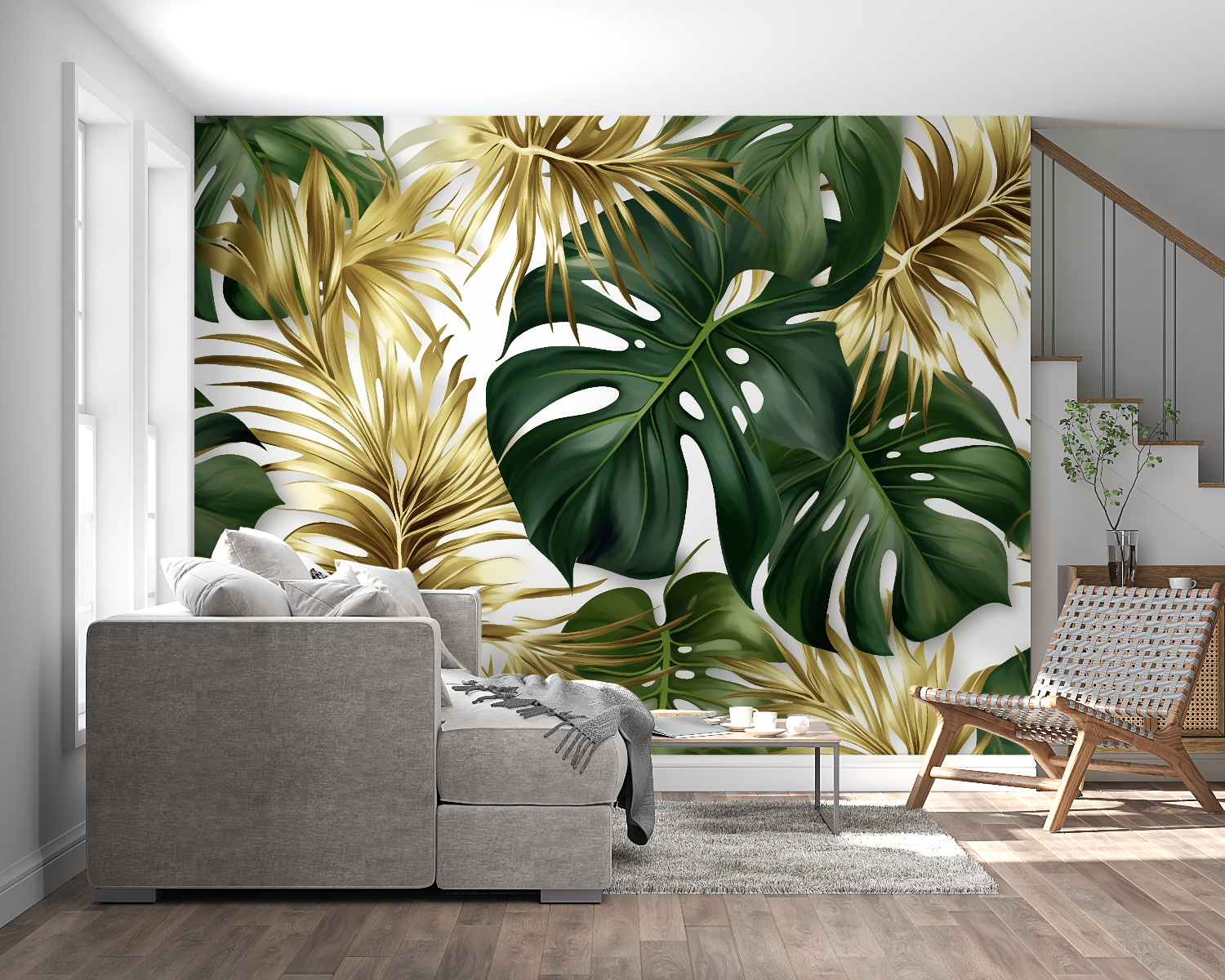 Monstera leaf wallpaper creating focal point in bright dining room setting