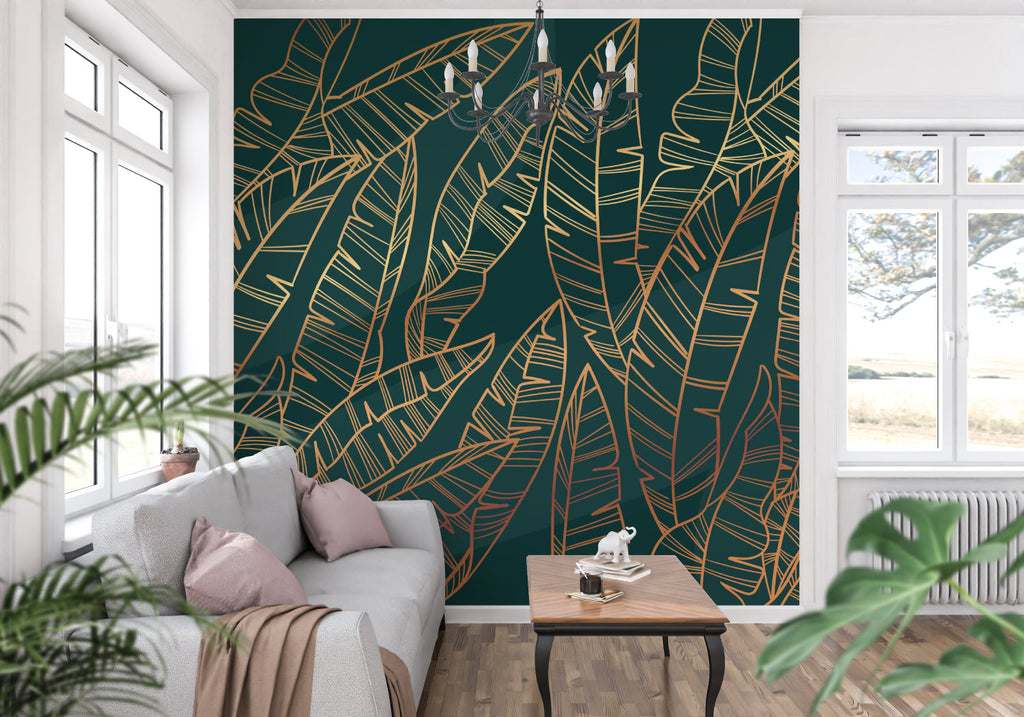 Metallic gold leaf wallpaper making a statement in luxury dining room