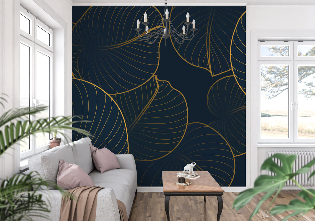 Gold palm pattern wallpaper brightening master bedroom with evening lighting