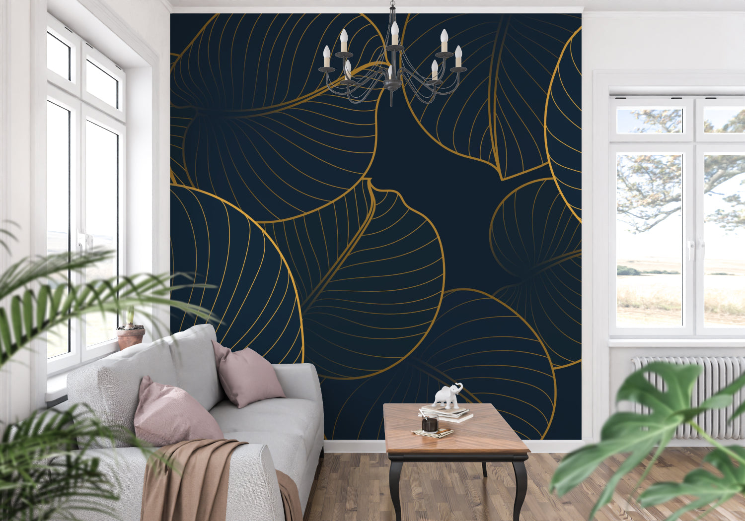 Gold palm pattern wallpaper brightening master bedroom with evening lighting