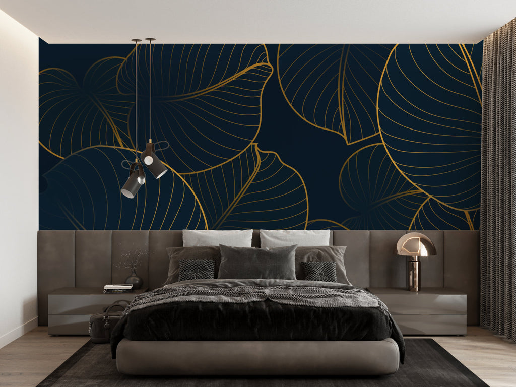 Navy and gold tropical wallpaper making statement in dining room
