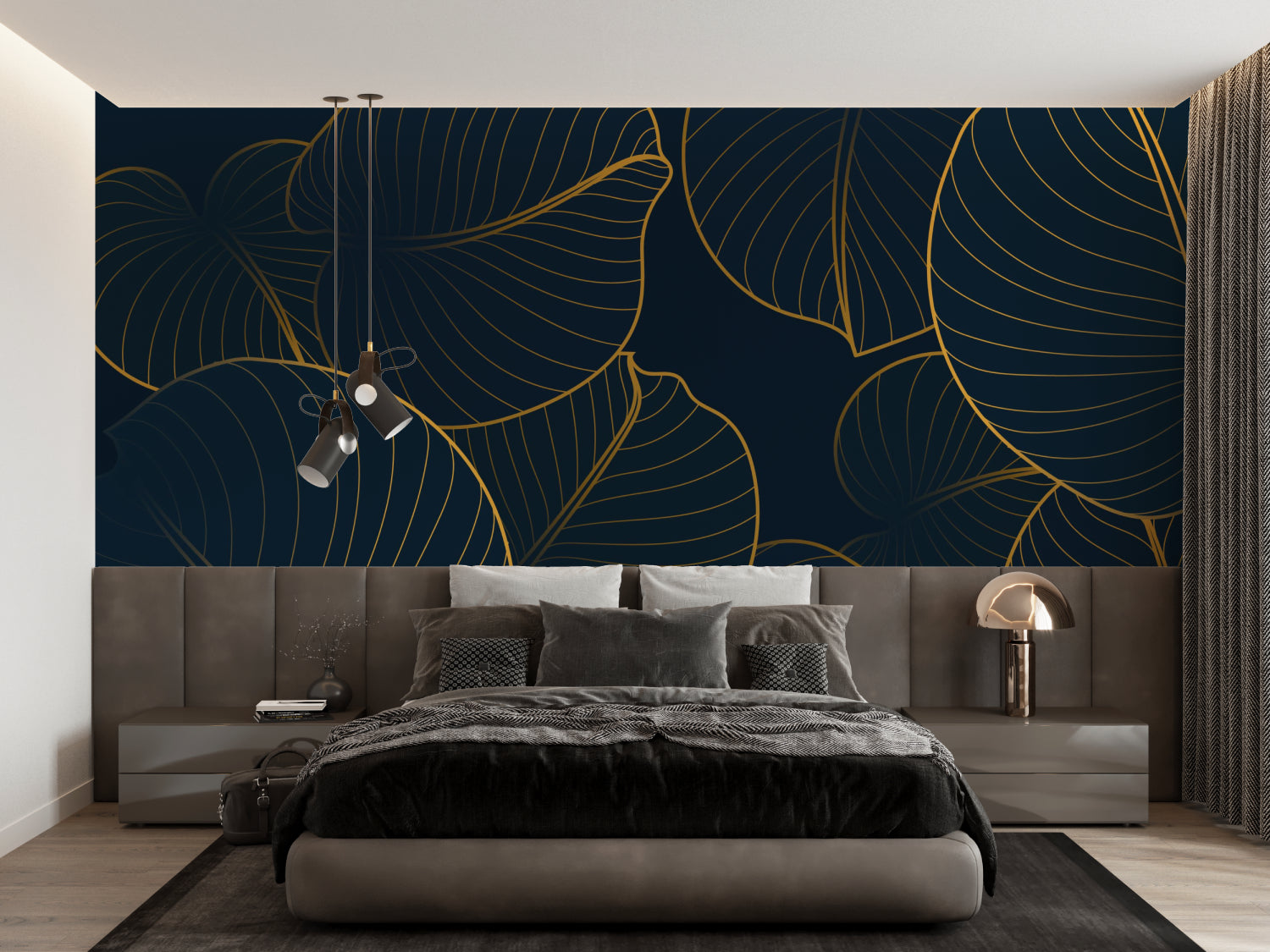 Navy and gold tropical wallpaper making statement in dining room