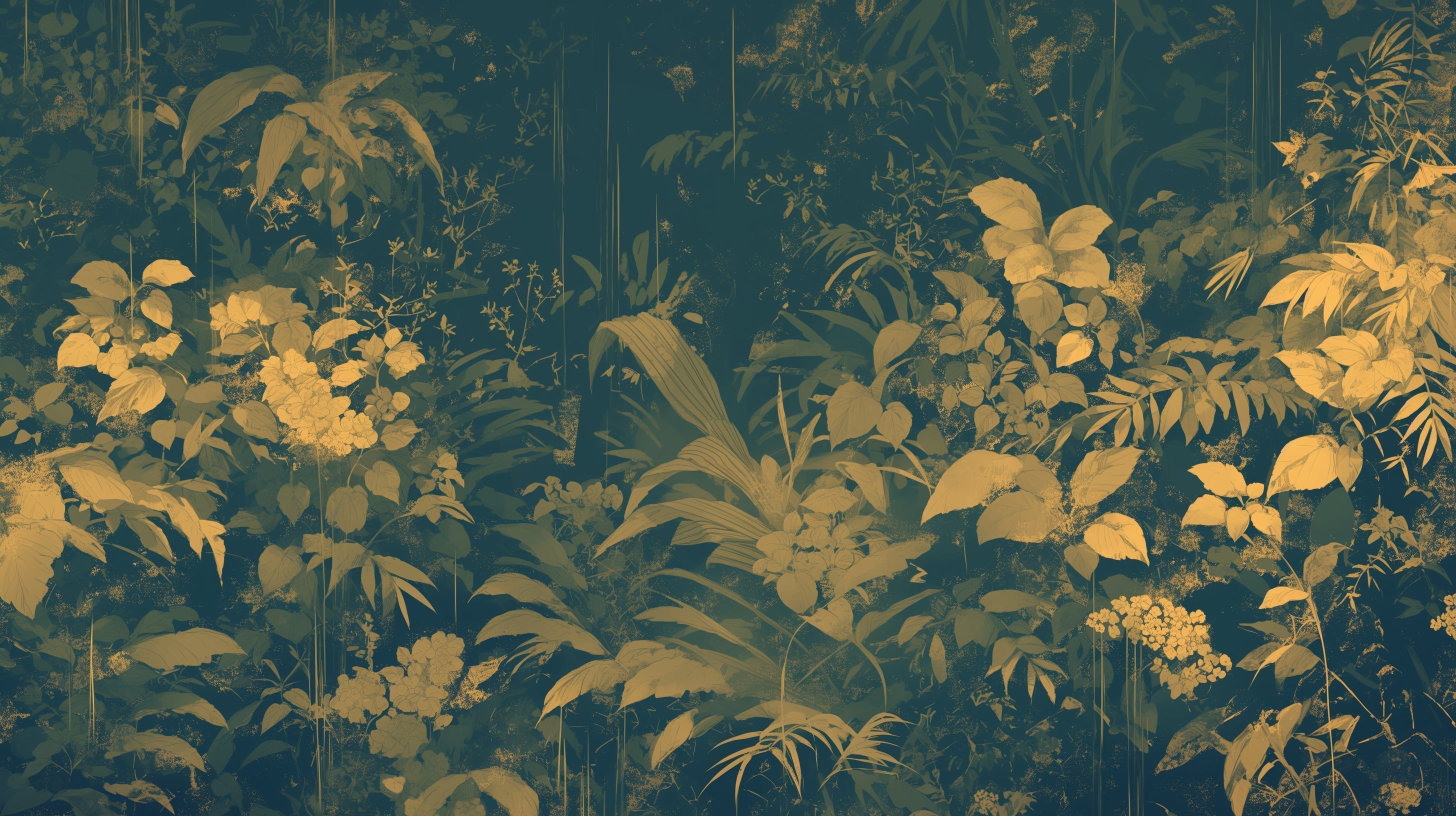 Tropical leaf wallpaper with golden foliage creating a stunning backdrop in a modern living room