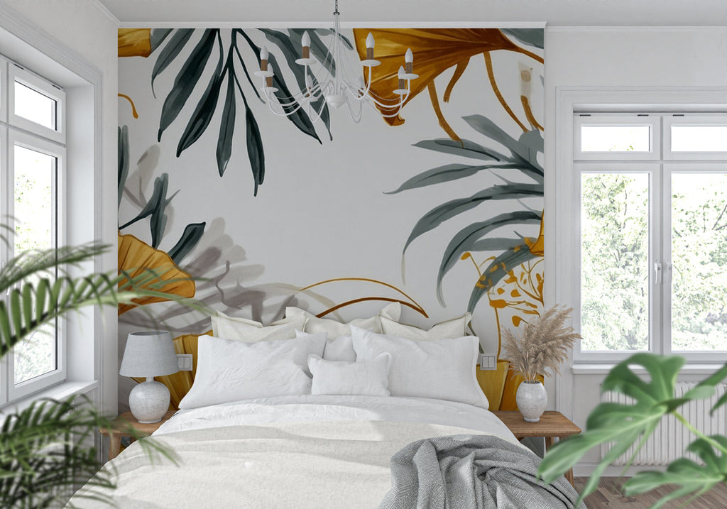 Botanical wall mural with grey and gold leaves in master bedroom setting