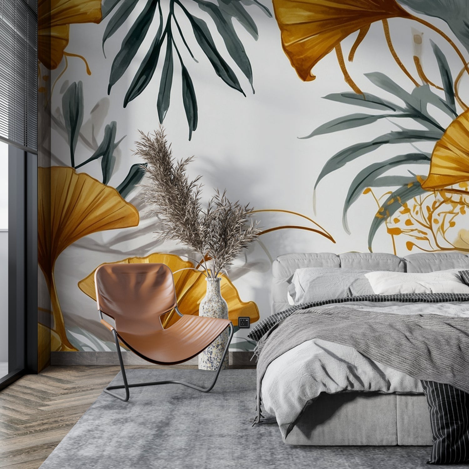 Grey and gold botanical wallpaper in home office showing scale and texture