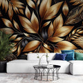 Tropical gold leaf wallpaper mural in modern dining room, metallic foliage pattern creating warm evening ambiance