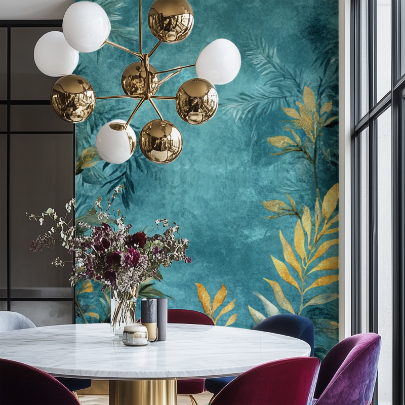 Tropical leaf wallpaper with golden foliage in modern living room, creating a bold accent wall