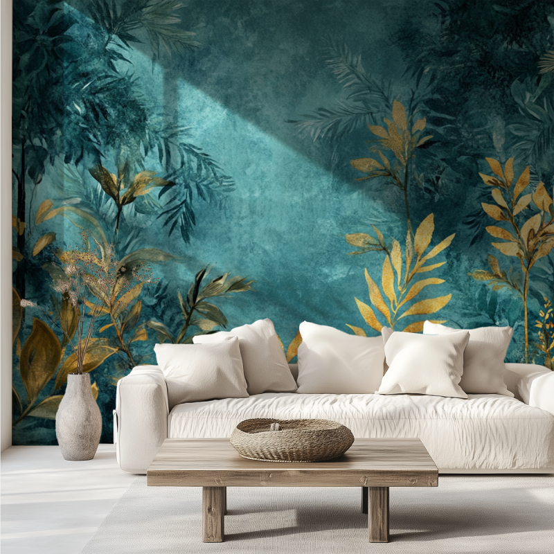 Gold and teal tropical wallpaper brightening a dining room with elegant palm patterns