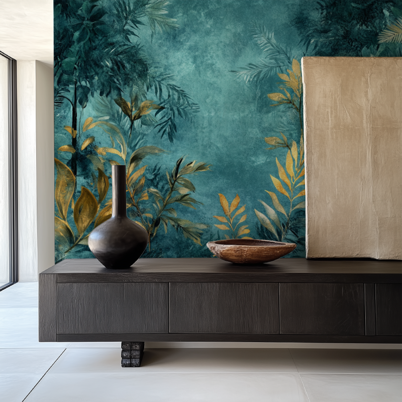 Tropical palm leaf wallpaper making a statement in home office setting