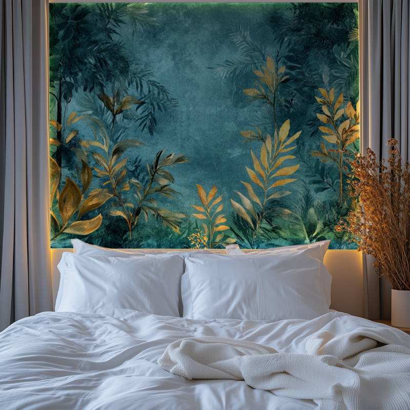 Golden tropical leaves mural creating depth in hallway space