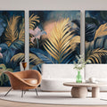 Tropical palm leaf wallpaper with golden accents creating a warm glow in a modern bedroom setting