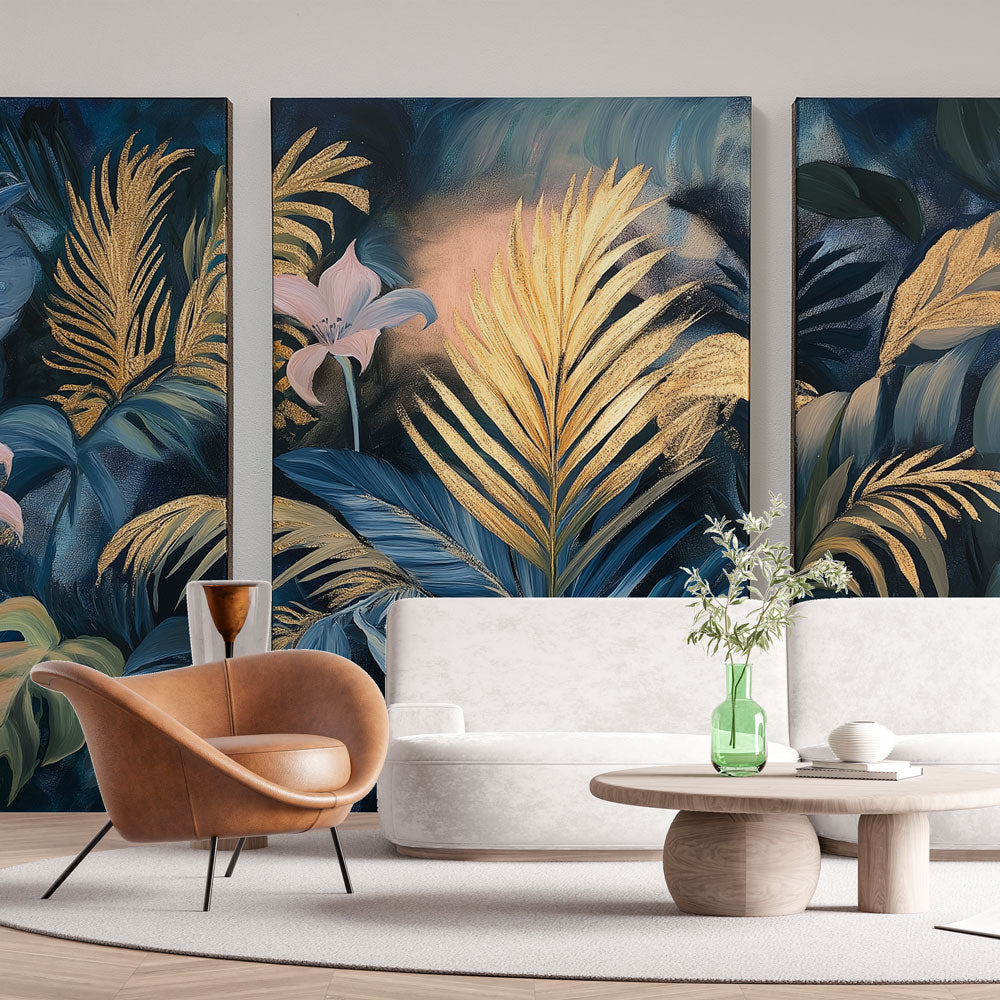 Tropical palm leaf wallpaper with golden accents creating a warm glow in a modern bedroom setting
