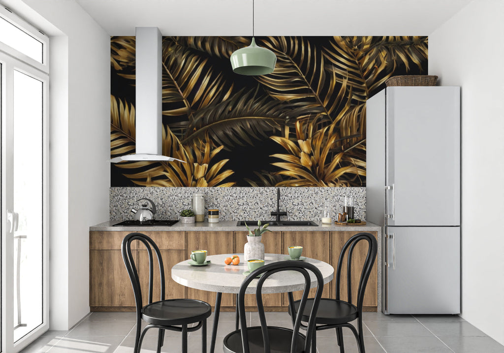 Black and gold palm wallpaper creating luxury feel in master bedroom
