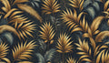 Tropical palm leaf wallpaper with golden details creating luxury atmosphere in modern living room with tall windows