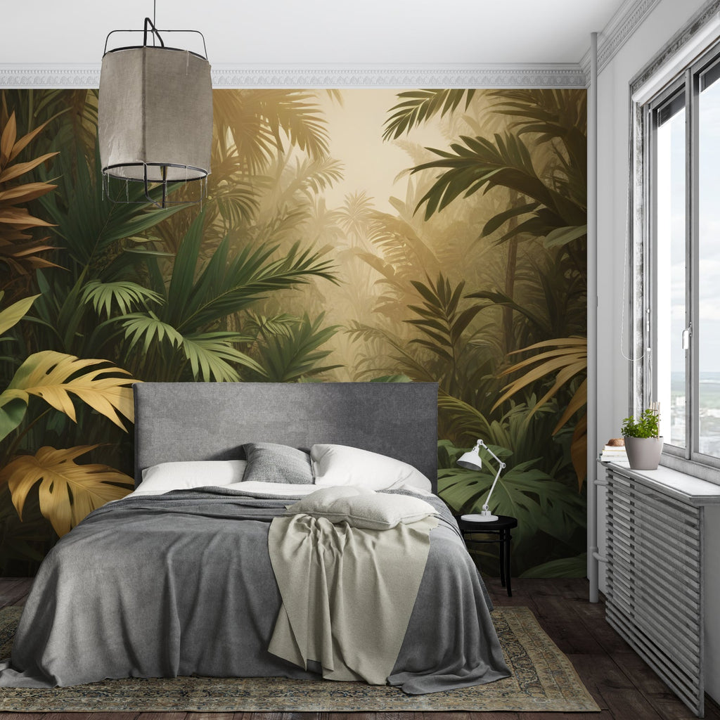 Tropical wall mural with golden accents making dining room feel more spacious