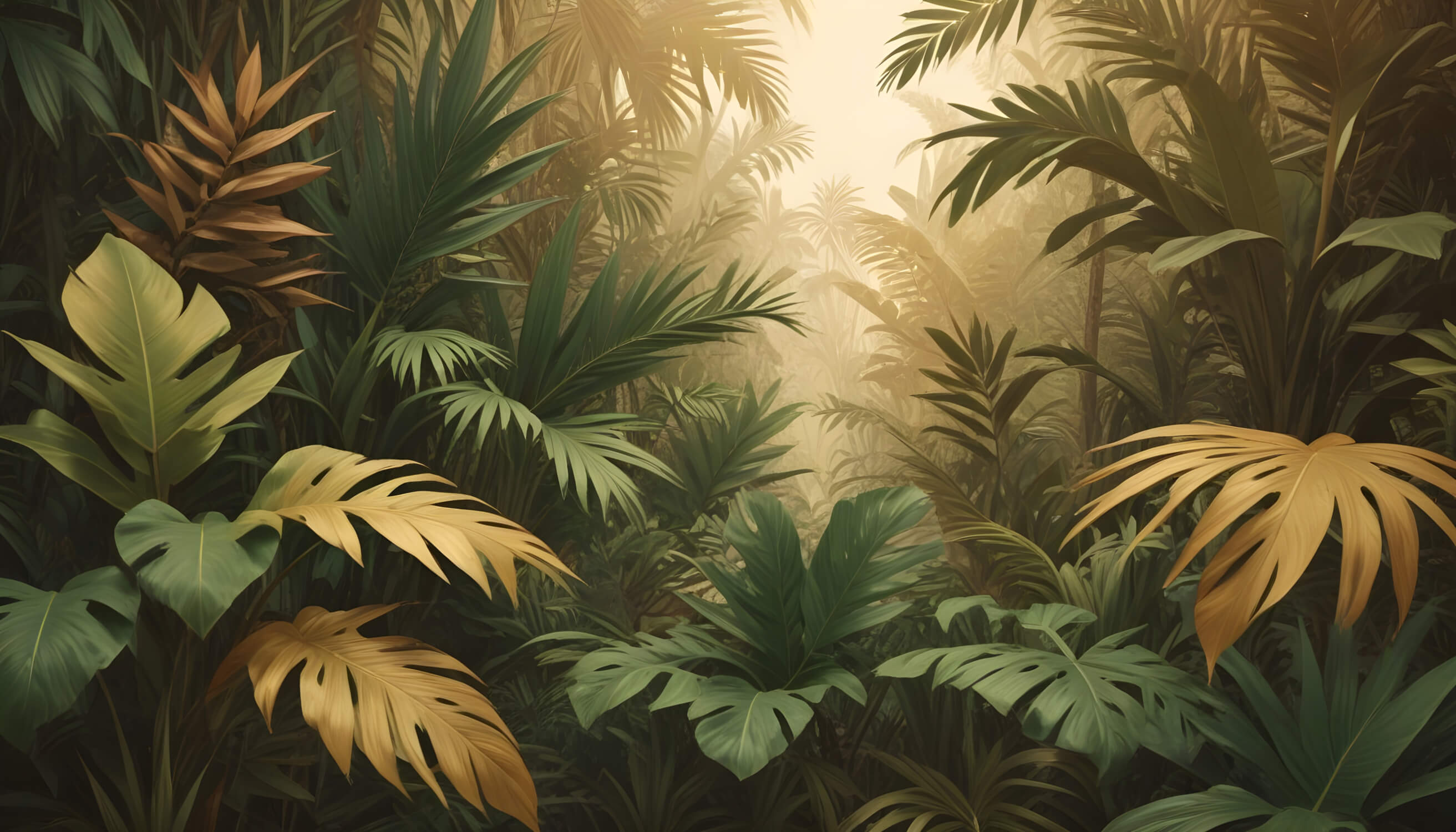 Tropical jungle wallpaper design file showing detailed golden leaf pattern and misty background
