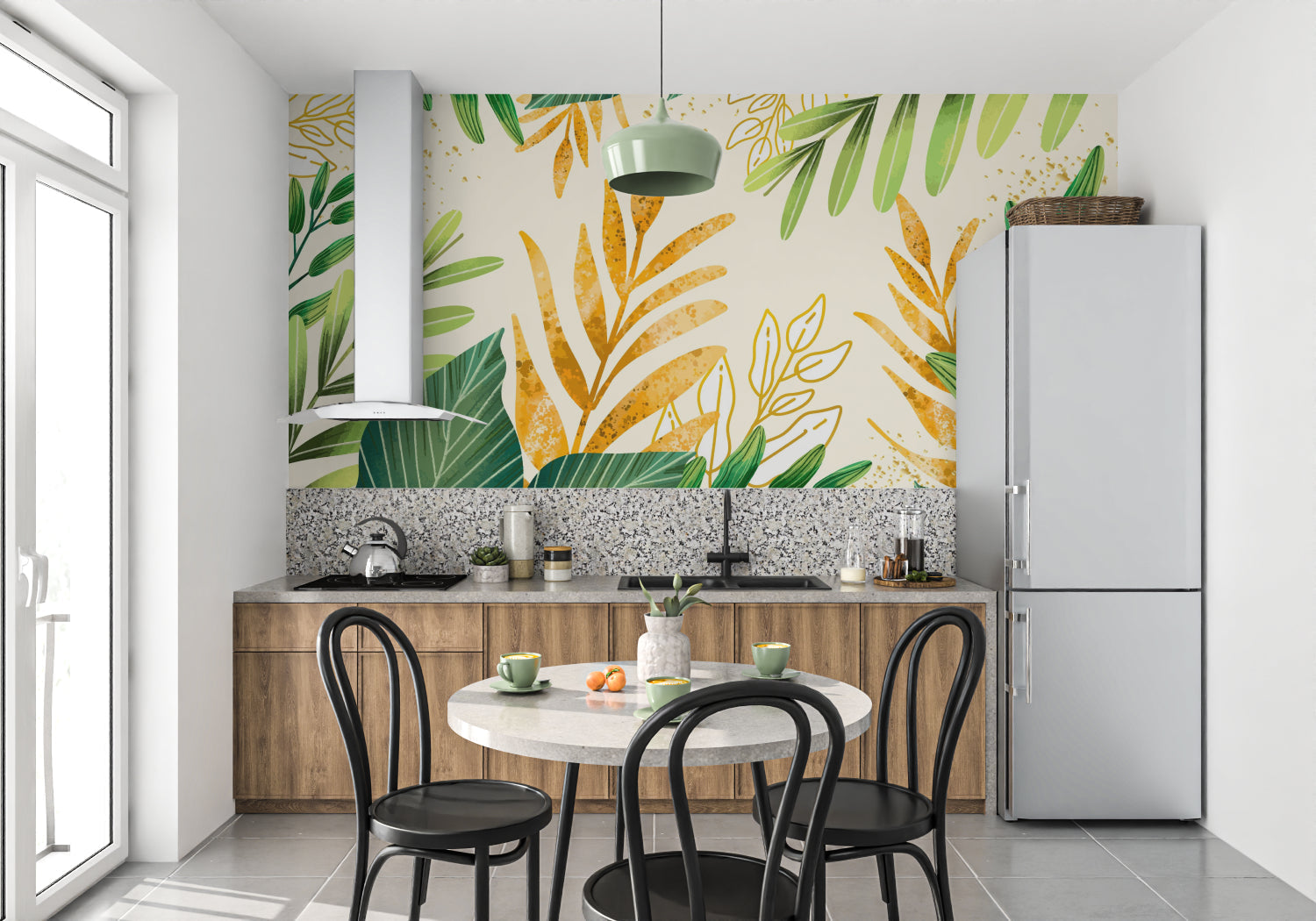 Tropical leaf wallpaper with gold accents creating a modern living room focal point