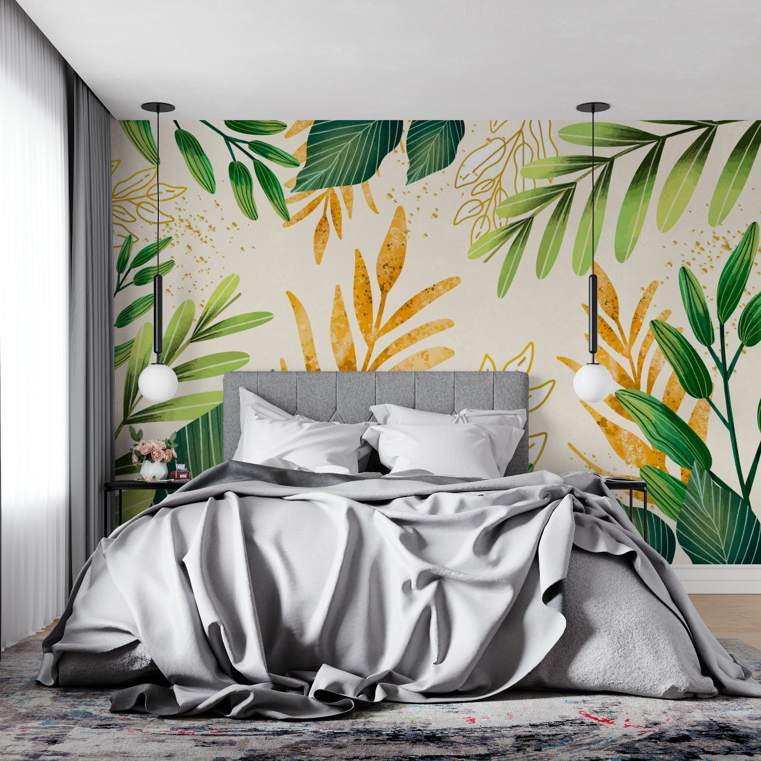 Green and gold botanical wallpaper bringing luxury to a master bedroom