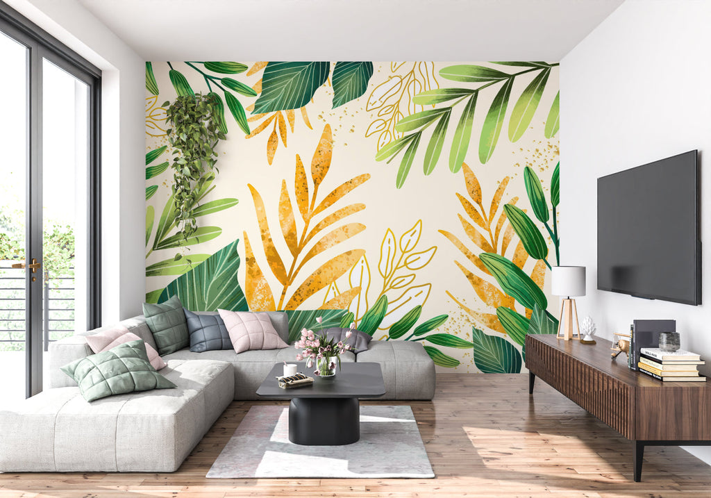 Tropical wall mural enhancing a modern dining room with natural elegance